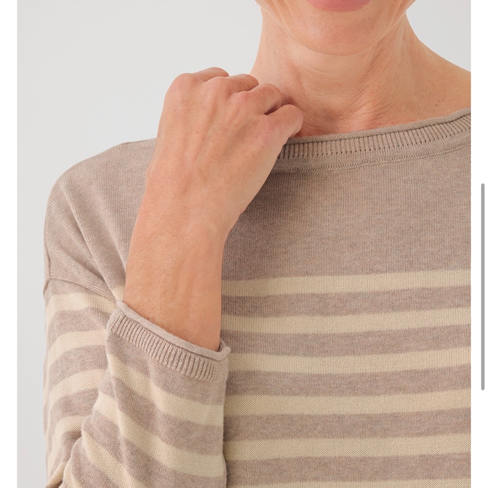 NWT Pact 100% Organic Cotton Classic Fine Knit Oat Stripe 3/4 Sleeve Sweater - Picture 4 of 13